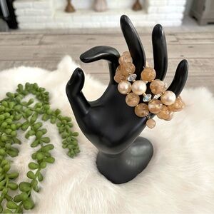 Beaded Faux Stone Spiral Wire Wrap Cuff Bracelet Tan Gold Tone Iridescent Beads